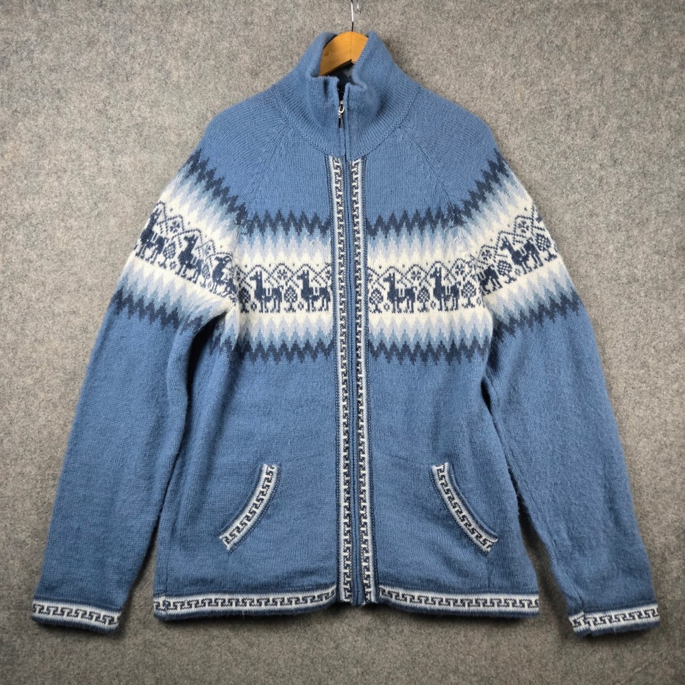 Alpaca Connection‎ Zip Sweater Womens L Blue Lama Fair Isle Knit Boho Cardigan